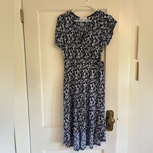 Floral Blue Midi Petite-Friendly Faux-Wrap Dress